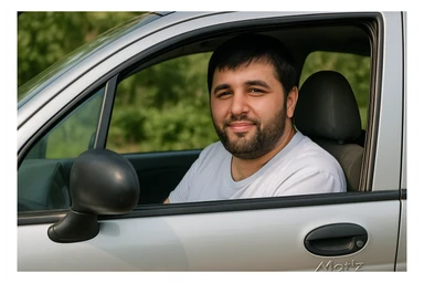 mana shu rasmdagi odam matiz mashinasining haydovchi o'rindig'ida o'tirib oynasidan kameraga qarab turgan holatini tasvirlab ber sticker