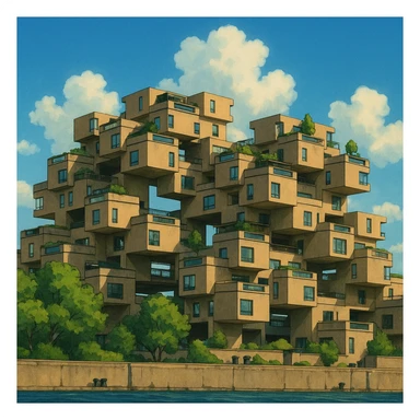 Habitat 67 building in Montreal, ghibli style sticker