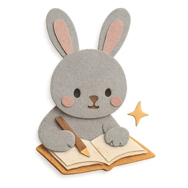 highly detailed, high quality paper craft style illustration of a gray bunny writing in a notebook with a spark of light, intricate textures, soft lighting, delicate cut-paper details sticker