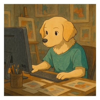 ghibli style light dog graphic designer, focused at a computer, artistic atmosphere sticker