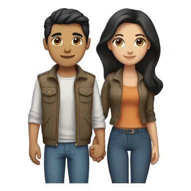 a couple holding hands. the guy has black middle part hair and is Persian and Filipino mix, wearing a jacket. the girl has brown hair white and asian mix, wearing a crop top. sticker