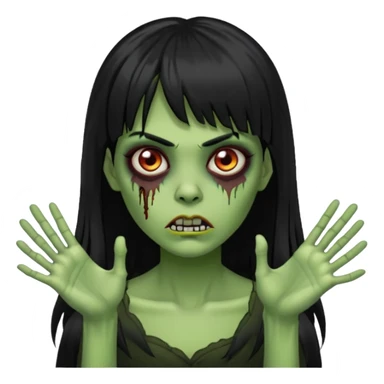 mulher zombie verde com cabelos pretos longos e franja com as mãos para frente igual um zombie sticker
