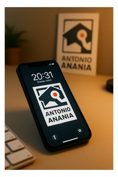 A photo of an iPhone with the message "Antonio Anania" on its screen, The phone sits atop a desk with a blurred background that suggests work environment. A faint glow from above casts gentle shadows across the surface of each object, creating depth and highlighting their textures sticker