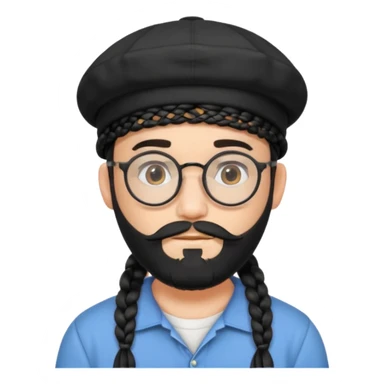 Stereotypical jew with black head cap round glasses and 2 braids on the side with black beard sticker