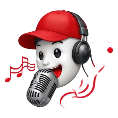 Create a dynamic and energetic emoji that represents beatboxing. The design should feature a stylized microphone with lips and baseball cap on it, sound waves emanating from it , symbolizing vocal percussion and rhythm. Add elements like headphones or a subtle speaker to emphasize the music production aspect. Use bold colors like black, white, and red to convey the intensity and creativity of beatboxing. The background should be transparent. sticker