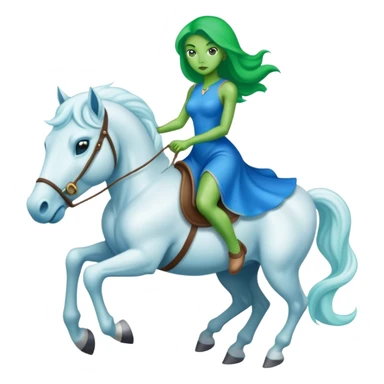 green alien woman in blue dress rides a white stallion sticker