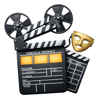 Icon for Acting in Theater and Movie: a stage with a spotlight and cinema, a film camera, a clapperboard and a dramatic mask. The design should represent both theatrical performance and cinematic art. Transparent background. sticker