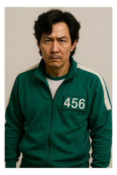 Seong Gi-hun as Player 456 from Squid Game 3, wearing the iconic green tracksuit, looking determined, plain background sticker