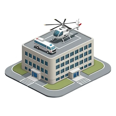 hospital isometric view building with heliport sticker
