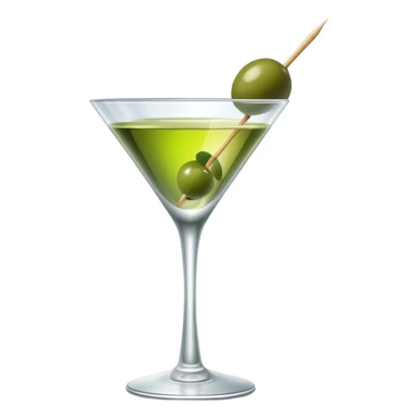 martini glass with completely colorless transparent liquid like pure water, with a green olive at the bottom skewered by a toothpick sticker