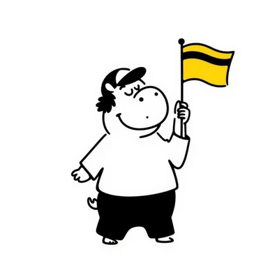hippo holding a yellow flag wearing a baseball cap sticker