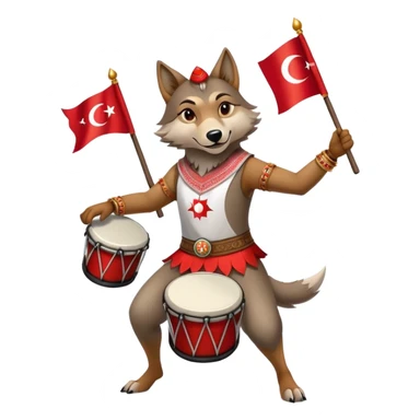   A turkish wolf, dressed as a Ramadan drummer, dances halay with a Turan and a Turkish flag in her hand. sticker