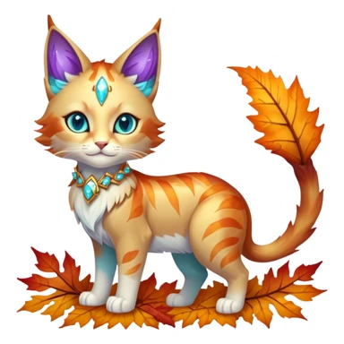 This fascinating hybrid creature combines the crystalline structure of a feline with the warm autumn foliage of a leaf being. Its core body maintains the sleek shape of a cat but is composed of translucent crystals that shift between turquoise blue and amber-orange hues. The creature's face features a blend of feline features with the gentle expression of the leaf being – sharp crystalline ears frame a round, friendly face with glowing purple-amber eyes. Most striking is how autumn leaves emerge from its crystalline body, forming a mane-like collar around its neck and sprouting along its spine and tail. These leaves shimmer with both crystalline properties and natural autumn colors – orange, gold, and deep red – with visible veining that occasionally pulses with energy. When the creature moves, the leaves rustle softly while the crystal body catches light, creating a mesmerizing display of nature and gemstone elements. full body sticker