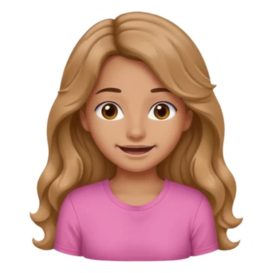 A pretty girl with tan skin and long wavy hair, wearing a pink basic shirt with brown eyes and a closed mouth smile sticker