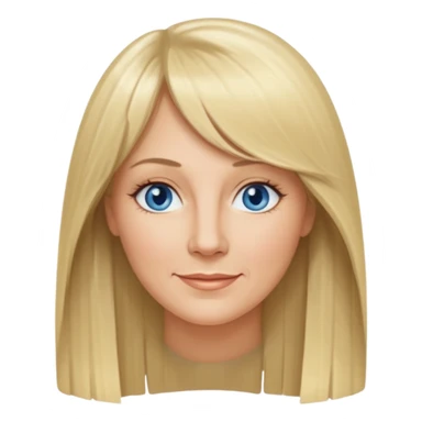 45 yr old white woman, curtain bangs, very long straight blond hair, oval face, small smile, blue eyes, thin face, hair down to elbows sticker