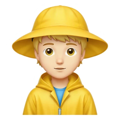 A beautiful boy, Caucasian, he wore a yellow raincoat and a hat sticker