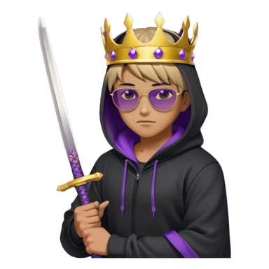 A stylish anime warrior wearing a black hoodie, golden crown, and sunglasses, holding a katana with a glowing purple background. sticker