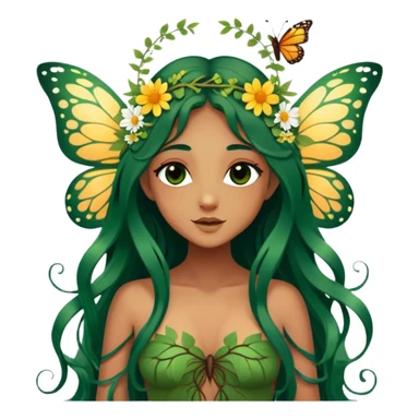 Cinematic Realistic Forest Nymph Fairy portrait, with butterfly wings and depicted with lifelike, sun-kissed tanned skin that radiates an earthy glow, softly illuminated by natural, dappled light. Her long, flowing dark green hair is intricately detailed and interwoven with delicate vines and wildflowers, while her deep, soulful eyes mirror the wisdom of the forest. Dressed in an attire inspired by nature’s palette—with subtle botanical motifs—the portrait exudes a soft, enchanted glow that melds realism with woodland magic. sticker