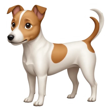 a full body white jack russel looking dog the size of a kelpie with light brown ears and a light brown patch on one eye and a large snout sticker