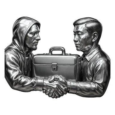 A chrome-hoodie-wearing white man with a goatee shakes hands with a Chinese man, handing over a briefcase of cash, AMG car in the background. sticker