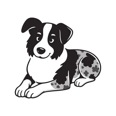 Merle Australian Shepherd dog laying down, relaxed pose, blue merle coat pattern with black and white spots sticker