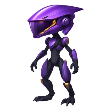 a shiny black-purple Genesect-Raptor-Fakémon—hybrid with a futuristic visor-helmet full body sticker
