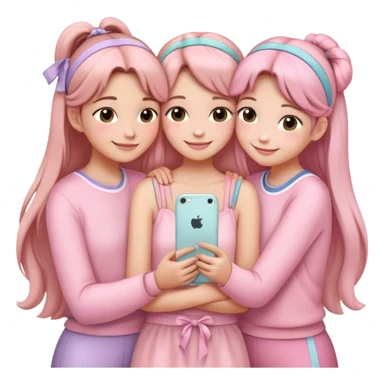 "Four girls hugging each other, all wearing soft pink clothes, two with long hair and two with shoulder-length short hair, smiling, cute iPhone emoji style, with hair accessories like headbands or ribbons, pastel color palette, soft shading, white background" sticker