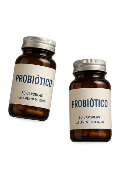 due boccette di integratori con la scritta "PROBIOTICO" SULL'ETICHETTA, FLUTTUANO IN ARIA, realistica 4k sticker