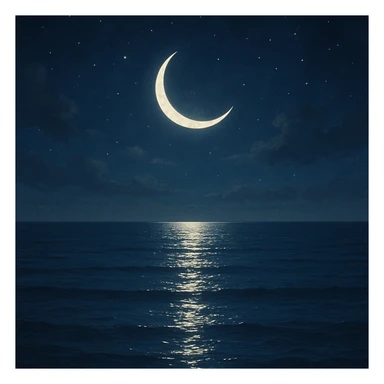 crescent moon over calm sea, moonlight glimmering on water, peaceful night, general style sticker