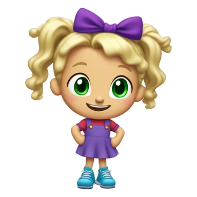 A little blonde girl with pigtails and little purple bows wearing a red long-sleeved shirt and purple overalls skirt with blue tights with green polka dots and purple sneakers, full body, rugrats sticker