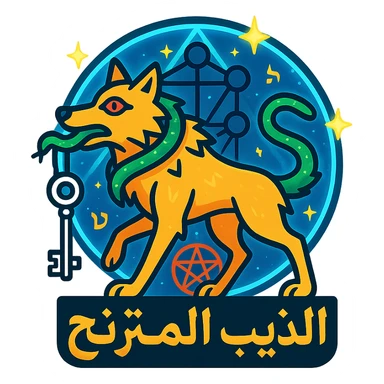 logo icon for 'الذيب المترنح' with a wolf in a staggering pose leaning, serpent around its neck symbolizing Gnosticism, key in its mouth, Tree of Life pattern subtly in the background representing Kabbalah, third eye on the wolf for Hermetic philosophy, glowing magic circle with pentagram surrounding the wolf for occult science, colors gold silver bright blue green red orange vibrant shiny glowing effects, luminous aura, clean lines, subtle Hebrew and occult symbols, balanced meaningful scalable vector icon suitable for light and dark backgrounds sticker