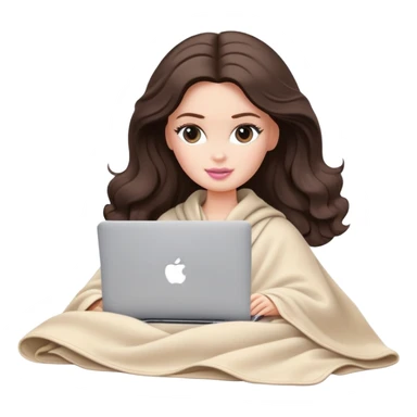 Barbie girl with a long wavy dark brown hair in pale beige clothes inside a pale beige blanket working macbook  sticker