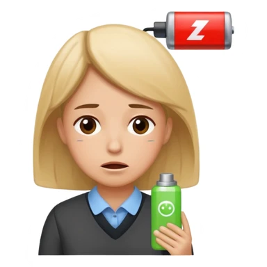 A kindergardenteacher with an empty battery icon above their head an exhausted and stressed face sticker