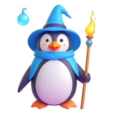 3D style penguin wizard with shiny hat and glowing staff, magical and friendly sticker