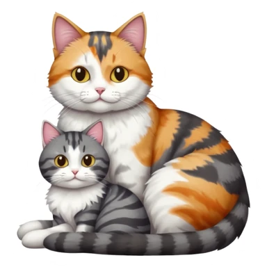 full body colourful light patched calico + white tabby cat cuddling a big dark grey and white tabby cat  sticker