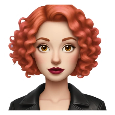 Woman with very pale skin, with bright red curly bob hair that is parted on the side, heavy eye makeup, cat eyeliner, long eyelashes, bright pink blush and bright pink lipstick.  Her eyebrows are dark, arched and very high. Wearing a leather jacket  sticker