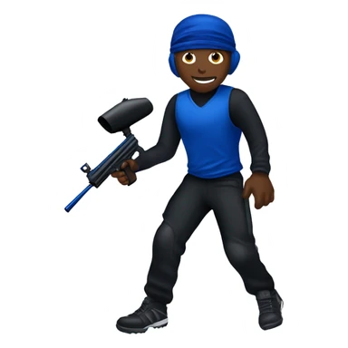 Brown skin paintball player wearing a black head band, dark blue long sleeve jersey, black pants, and running with a paintball gun in hand  sticker