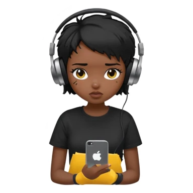 generate a pretty bratz girl with short black very messy hair, looking tired and using her phone, wearing an oversized black tshirt sticker