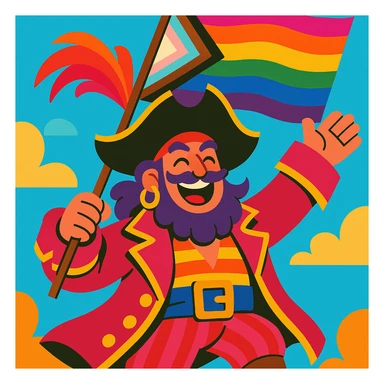 flamboyant pirate waving a pride flag, vibrant toon style sticker