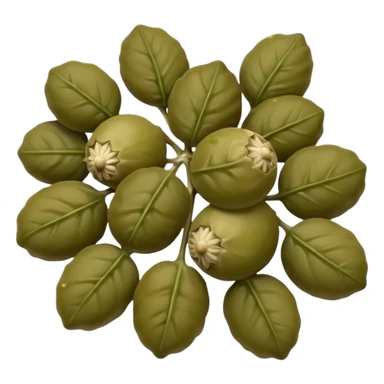 small cluster of capers, olive green to muted brownish tones, slightly wrinkled skins, some with tiny stems, matte to lightly glossy surface, brine-preserved texture, no jar or garnish, soft lighting, subtle shadows, emoji scale sticker
