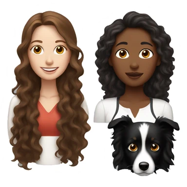 white woman with long brown curly hair holding a black border collie sticker
