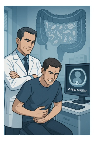 Medico in camice bianco in uno studio moderno, mentre osserva una TAC o ecografia su uno schermo con espressione convinta. Accanto a lui, un paziente seduto che lamenta dolori intestinali. Sullo sfondo, un’immagine traslucida dell’intestino pieno di piccoli parassiti stilizzati (vermi, protozoi), non visibili nel monitor medico. Il monitor mostra 'nessuna anomalia', ma dietro c’è la realtà invisibile. Atmosfera clinica ma con contrasto simbolico tra 'ciò che si vede' e 'ciò che sfugge'. Colori freddi, luce ospedaliera sticker