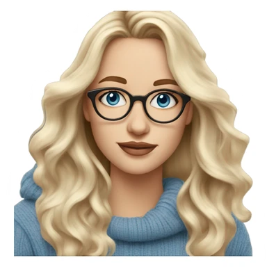 Blonde balayage long hair white women beige sweater blue eyes and small glasses holding coffee sticker