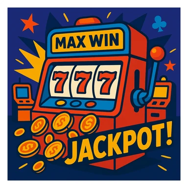 casino max win and more, slot machine jackpot, vibrant cartoon style sticker