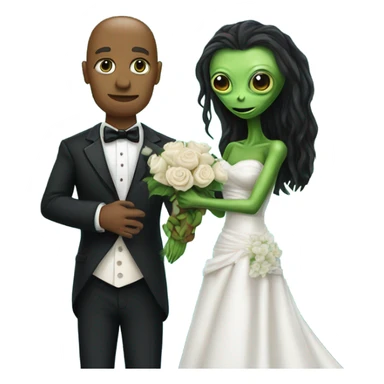 humman man in a tuxedo holding, Alien reprilian woman in wedding dress, and one , hands getting married sticker