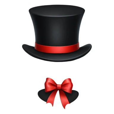 A black top hat displaying a red ribbon around the base. The ribbon forms a visible bow at the front, with the ends falling slightly over  sticker