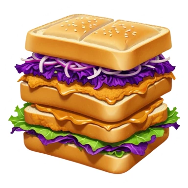 Burning hot, spicy,  stacked chicken sandwich — two thick golden toast slices, a crispy breaded chicken fillet, green lettuce, and purple cabbage slaw, with glossy dark sauce dripping down the sides. sticker