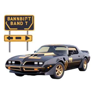 black Bandit-style Trans Am car with gold accents driving past classic American road signs sticker