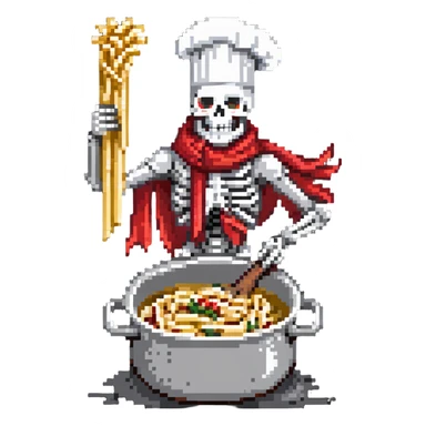 Papyrus from Undertale cooking spaghetti, tall skeleton with red scarf and white armor, enthusiastically stirring pasta in a pot, chef hat sticker