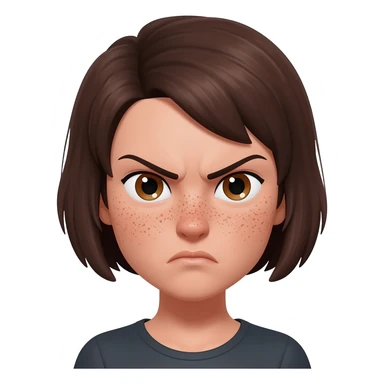 a woman with short hair like a boy's. She has freckles on her face. She has brown eyes. She's angry. sticker